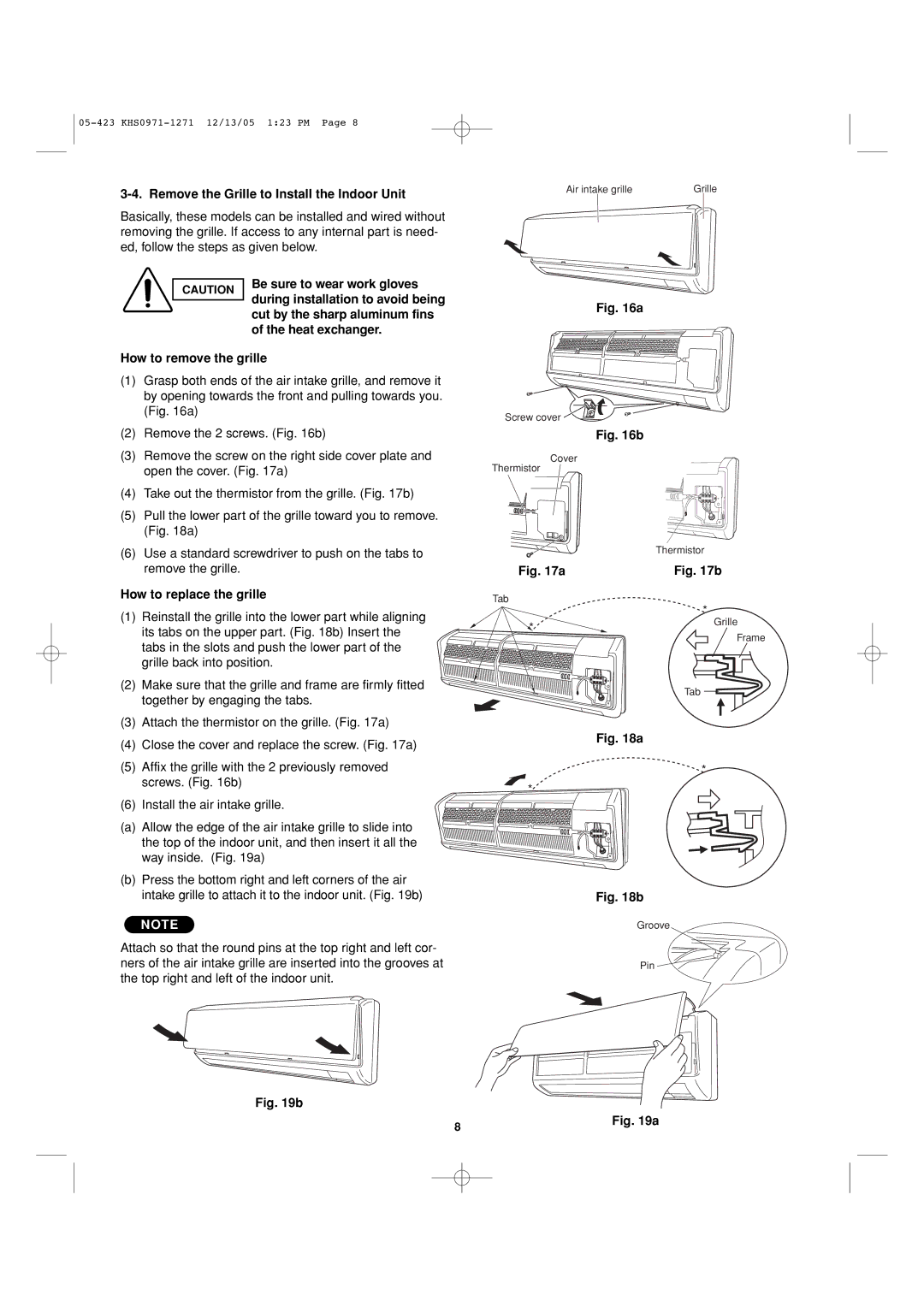 Sanyo 8.53E+13 installation instructions Remove the Grille to Install the Indoor Unit, How to replace the grille 