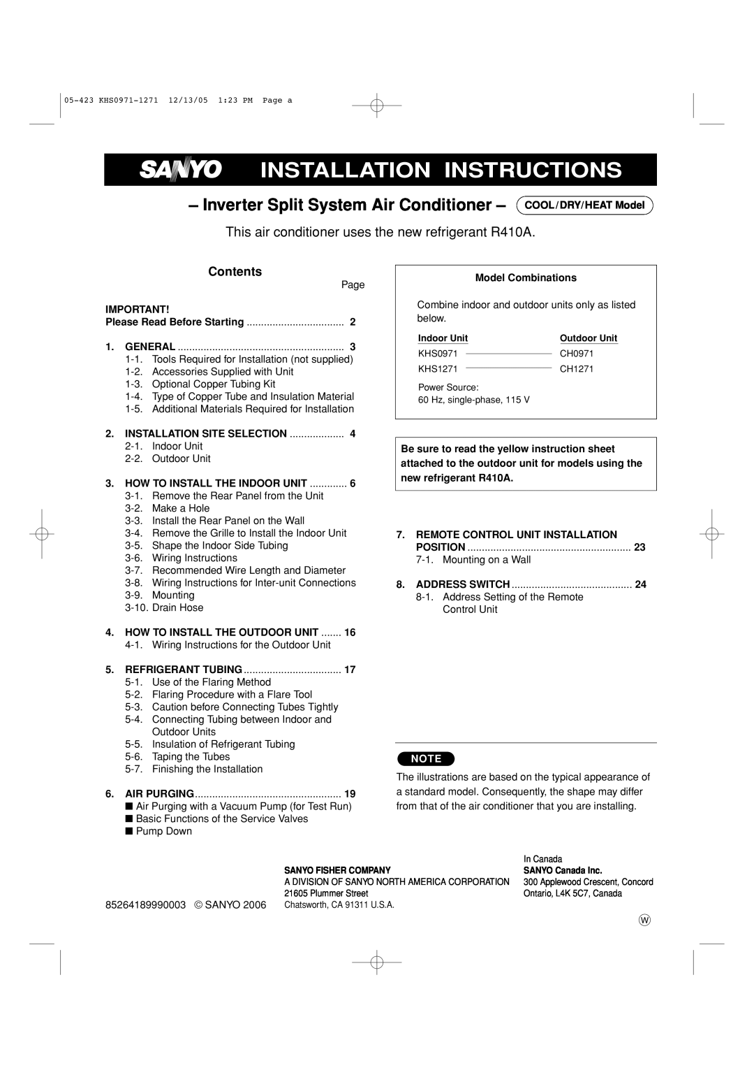 Sanyo 8.53E+13 installation instructions Contents, Installation Instructions 