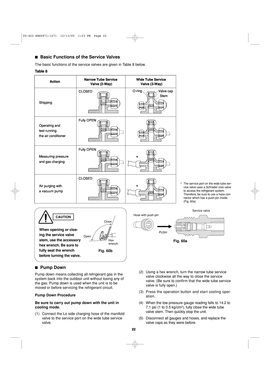 Sanyo 8.53E+13 installation instructions Basic Functions of the Service Valves, Pump Down 