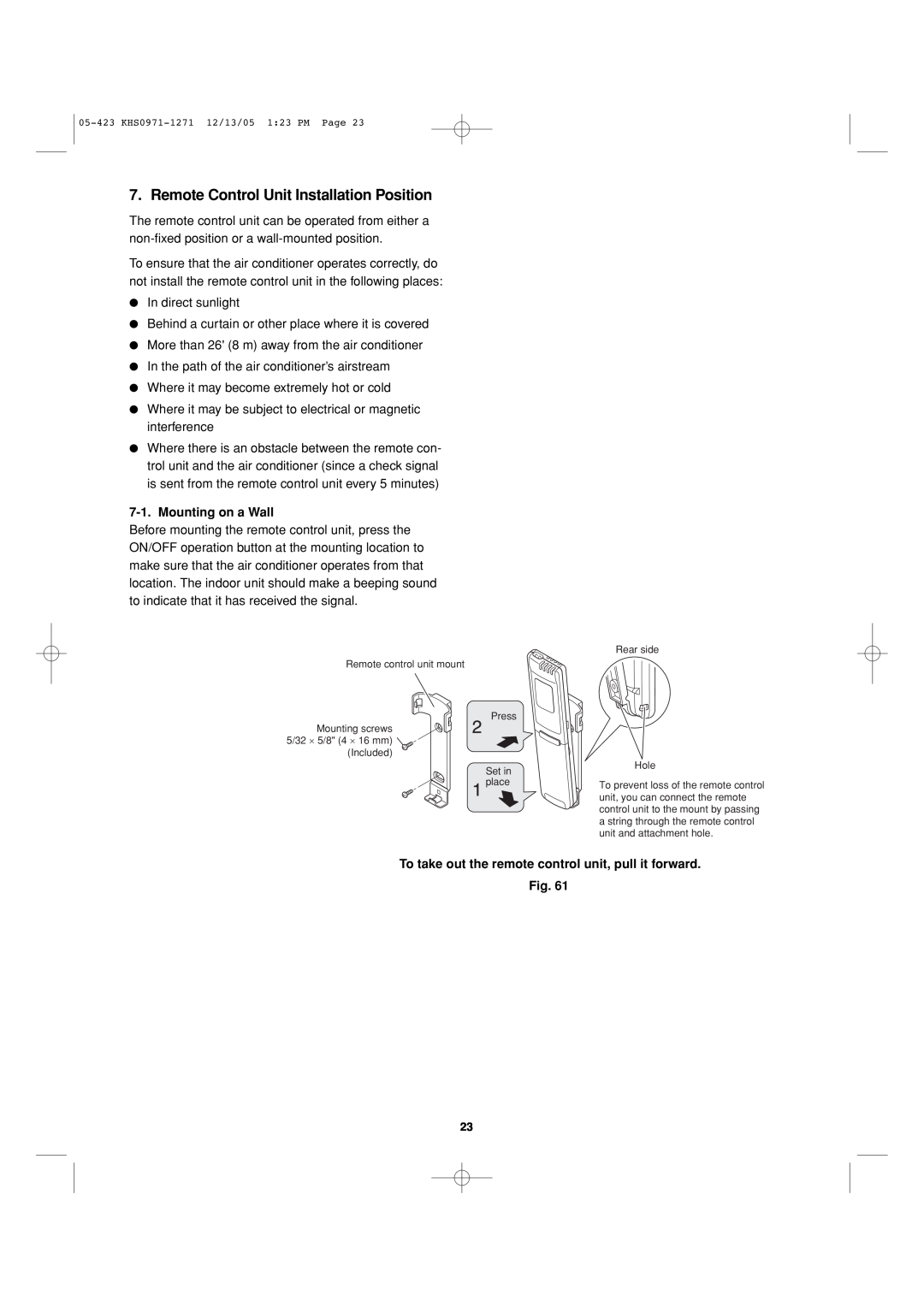 Sanyo 8.53E+13 installation instructions Remote Control Unit Installation Position, Mounting on a Wall 