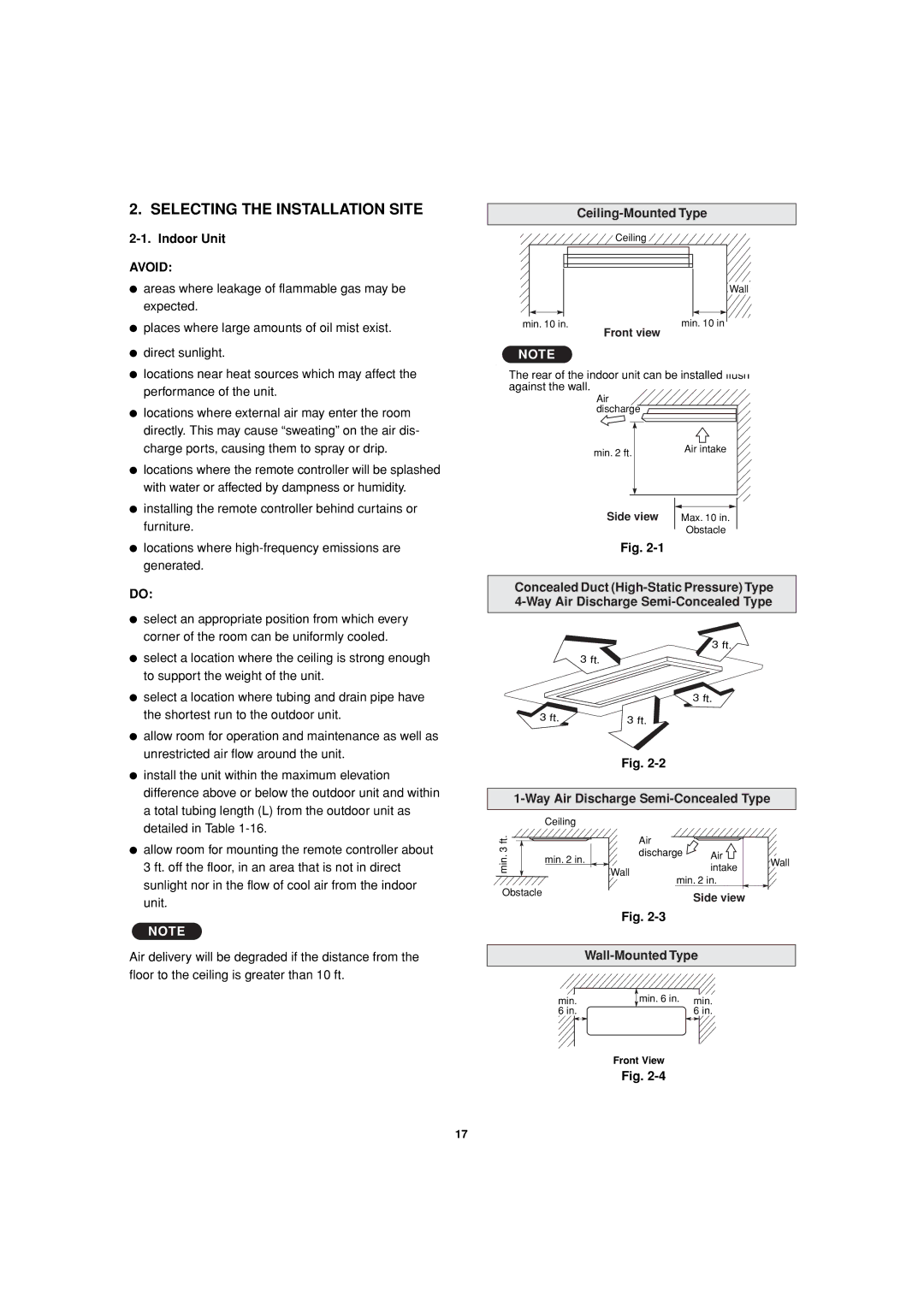 Sanyo 85464359981002 Selecting the Installation Site, Indoor Unit, Ceiling-Mounted Type, Wall-Mounted Type 