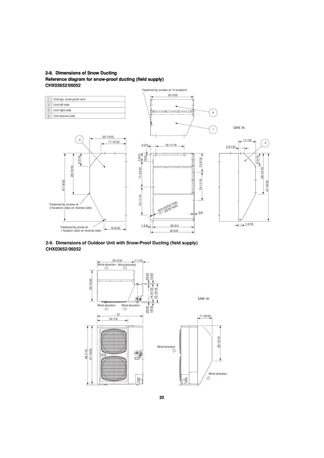 Sanyo 85464359981002 installation instructions Dimensions of Snow Ducting, Unit: in 