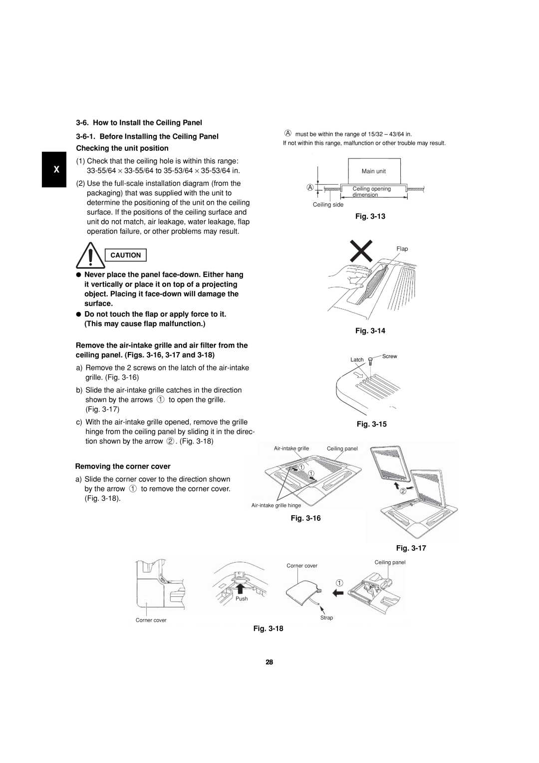 Sanyo 85464359981002 installation instructions How to Install the Ceiling Panel, Removing the corner cover, Fig 