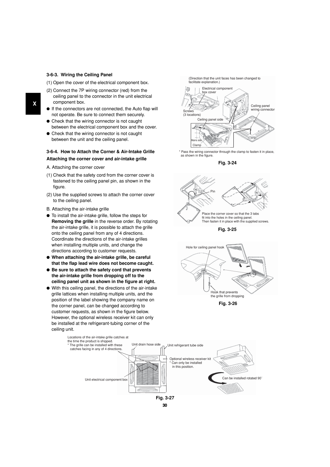 Sanyo 85464359981002 installation instructions Wiring the Ceiling Panel, How to Attach the Corner & Air-IntakeGrille, Fig 