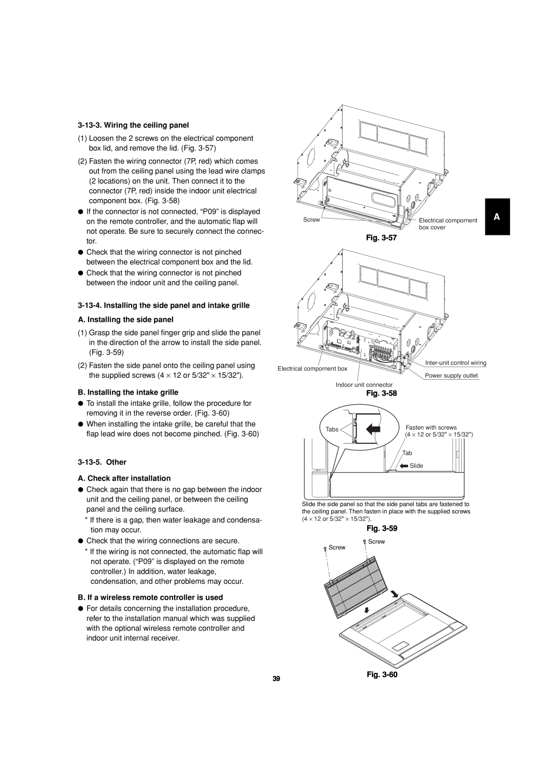 Sanyo 85464359981002 Wiring the ceiling panel, A. Installing the side panel, B. Installing the intake grille, Fig 