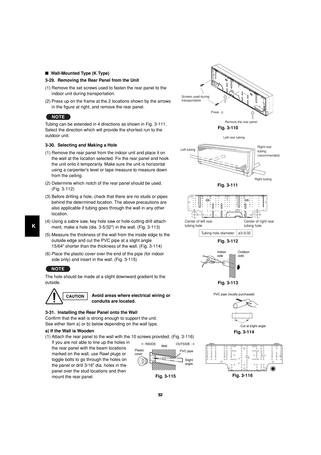 Sanyo 85464359981002 Removing the Rear Panel from the Unit, Selecting and Making a Hole, Fig. Fig, Wall-MountedType K Type 
