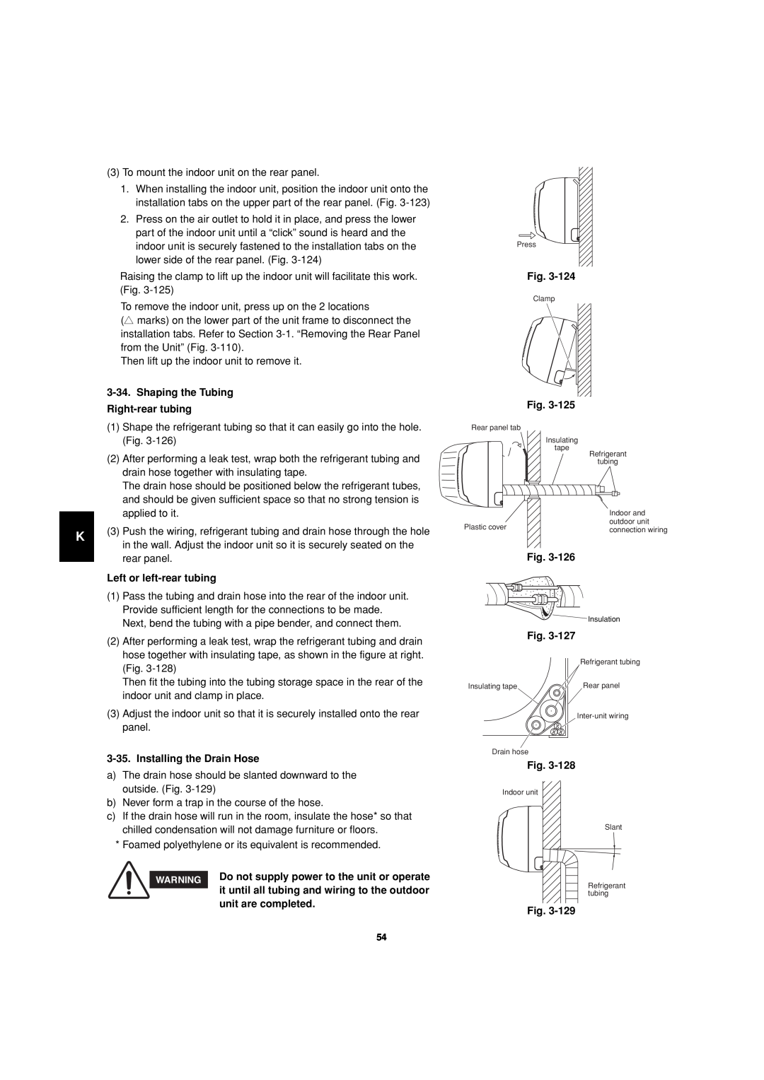 Sanyo 85464359981002 Shaping the Tubing, Right-reartubing, Left or left-reartubing, Installing the Drain Hose, Fig 