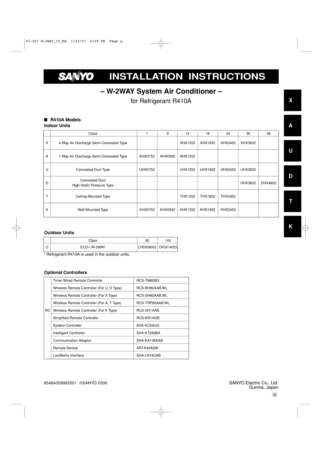 Sanyo 85464359982001 installation instructions R410A Models Indoor Units, Outdoor Units, Optional Controllers 