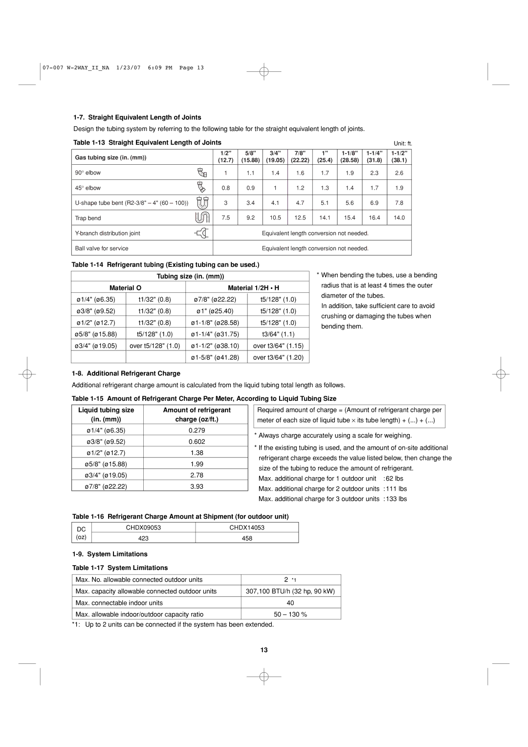 Sanyo 85464359982001 installation instructions Straight Equivalent Length of Joints, Additional Refrigerant Charge 