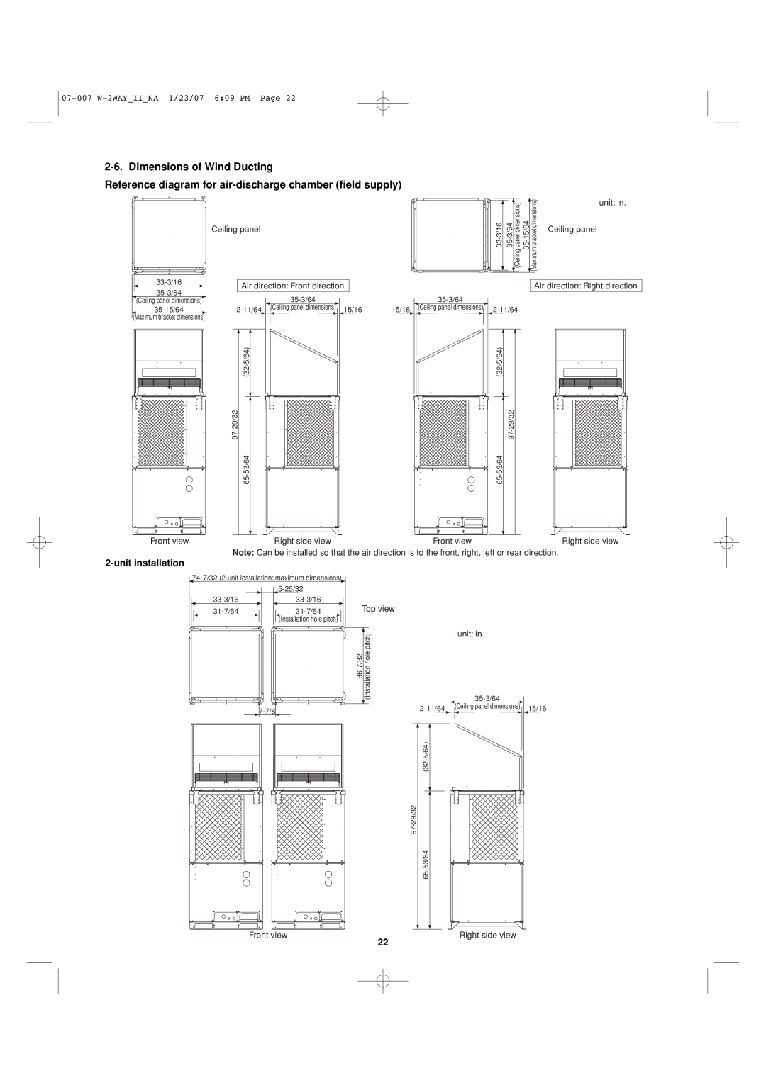 Sanyo 85464359982001 installation instructions Unit installation, Air direction Front direction 