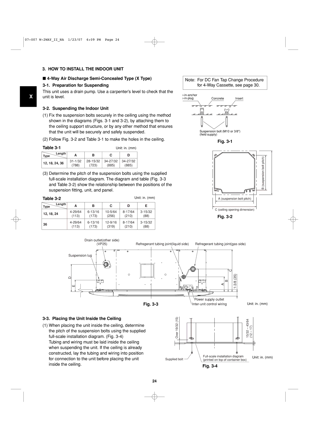 Sanyo 85464359982001 installation instructions Suspending the Indoor Unit, Placing the Unit Inside the Ceiling, 12, 18, 24 