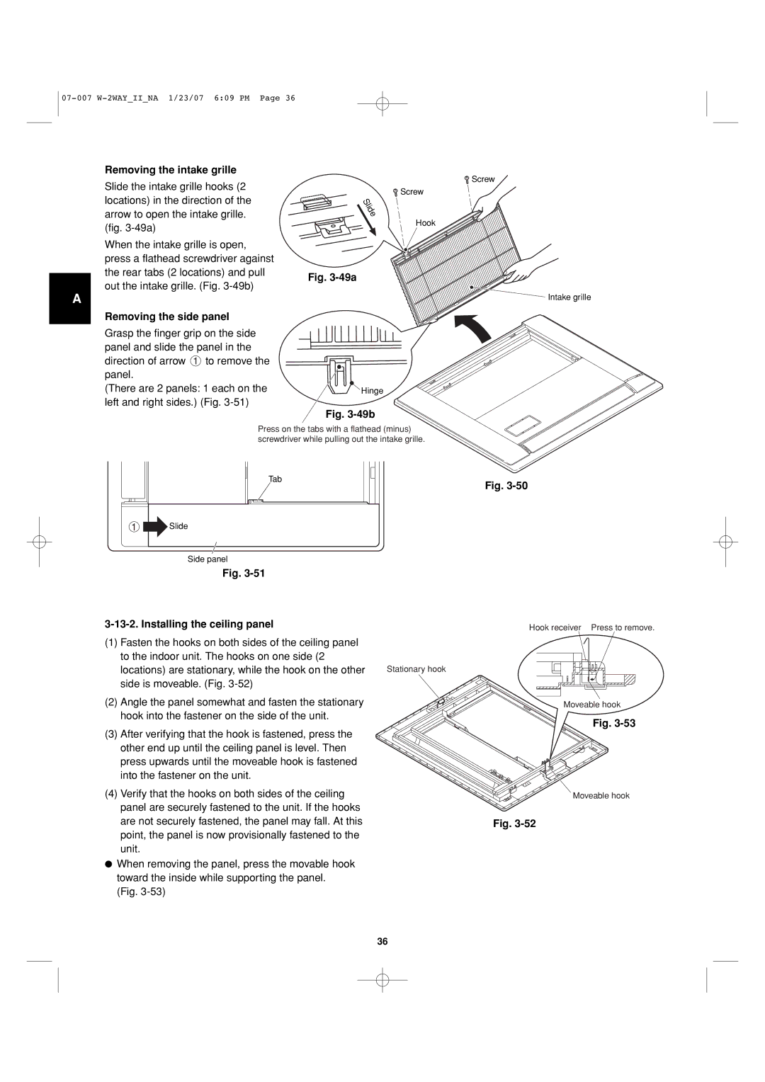 Sanyo 85464359982001 installation instructions Removing the intake grille, Removing the side panel 