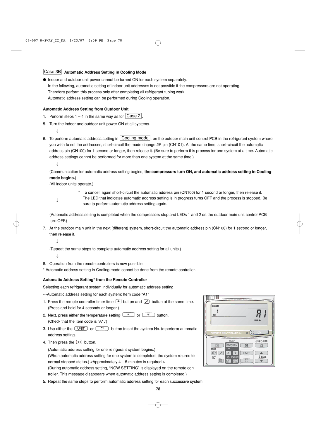 Sanyo 85464359982001 installation instructions Case 3B, Automatic Address Setting in Cooling Mode 