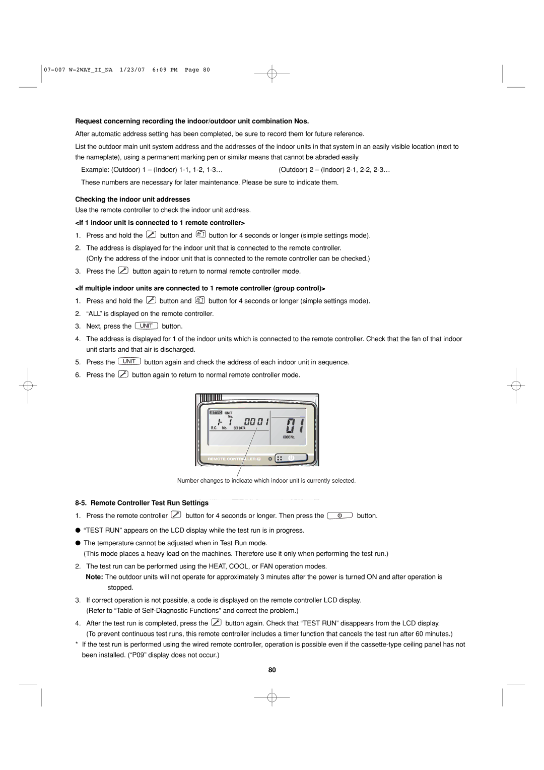 Sanyo 85464359982001 Checking the indoor unit addresses, If 1 indoor unit is connected to 1 remote controller 