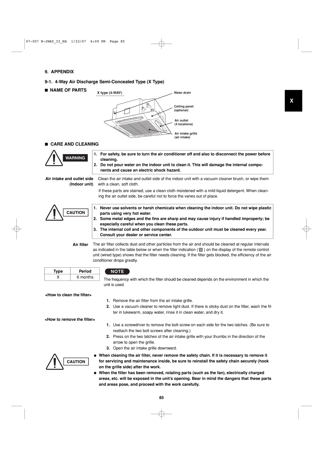 Sanyo 85464359982001 installation instructions Appendix, Name of Parts, Care and Cleaning 