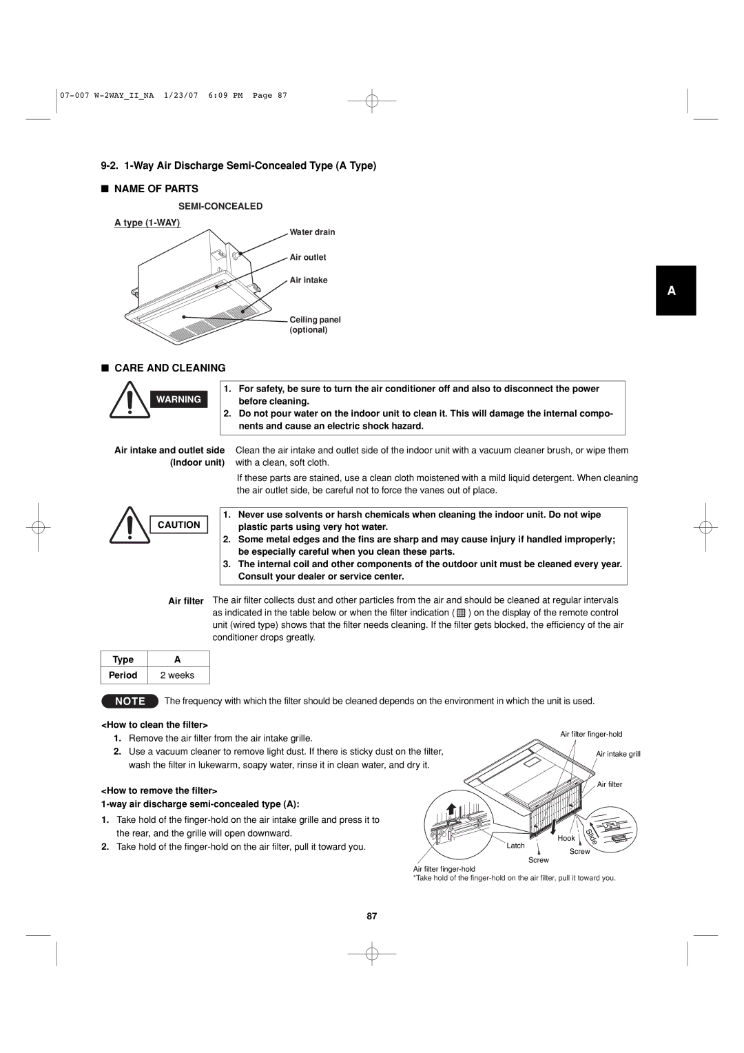 Sanyo 85464359982001 installation instructions Type 1-WAY, Water drain Air outlet Air intake Ceiling panel optional 