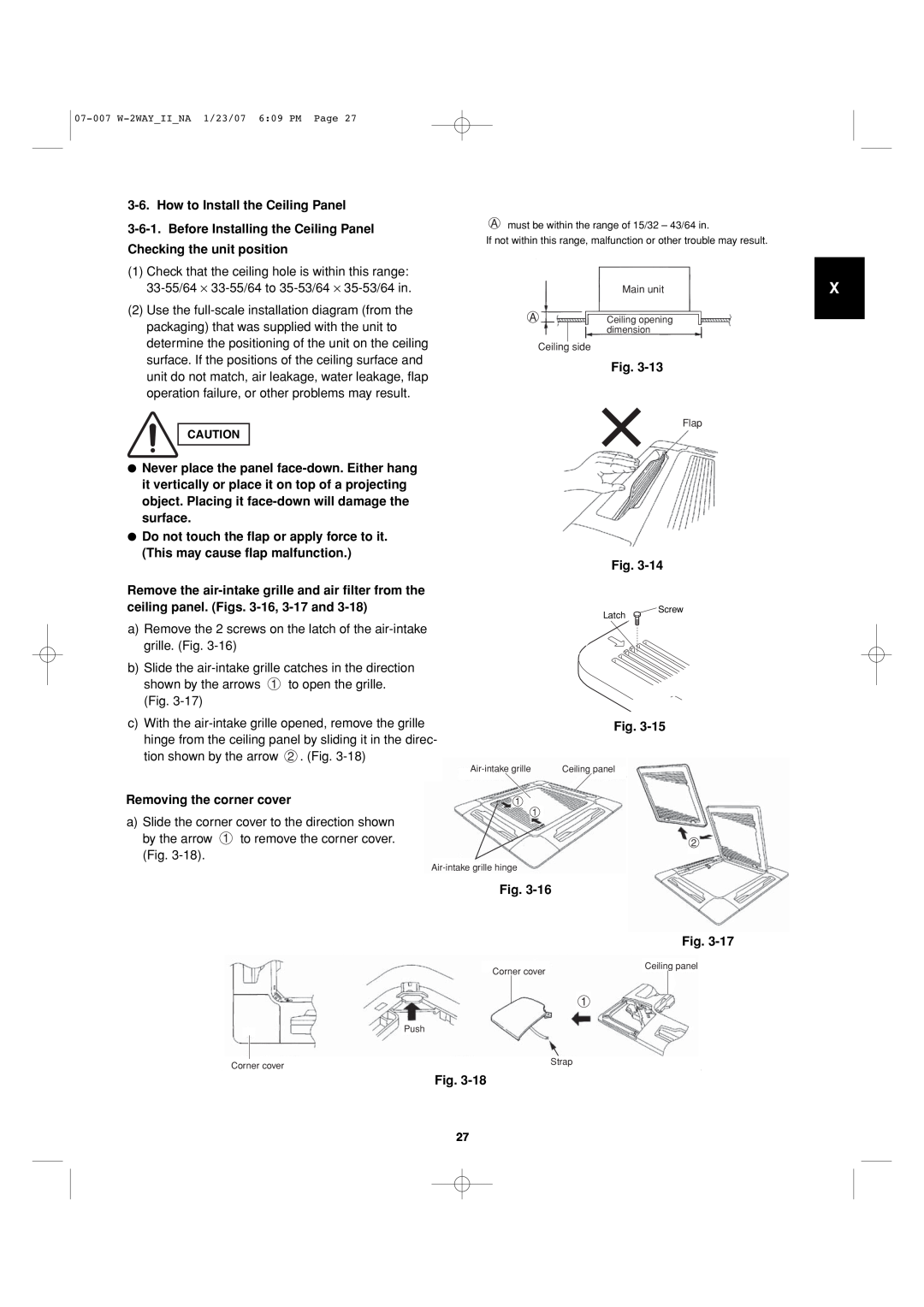 Sanyo 85464359982001 installation instructions How to Install the Ceiling Panel, Removing the corner cover, Fig 