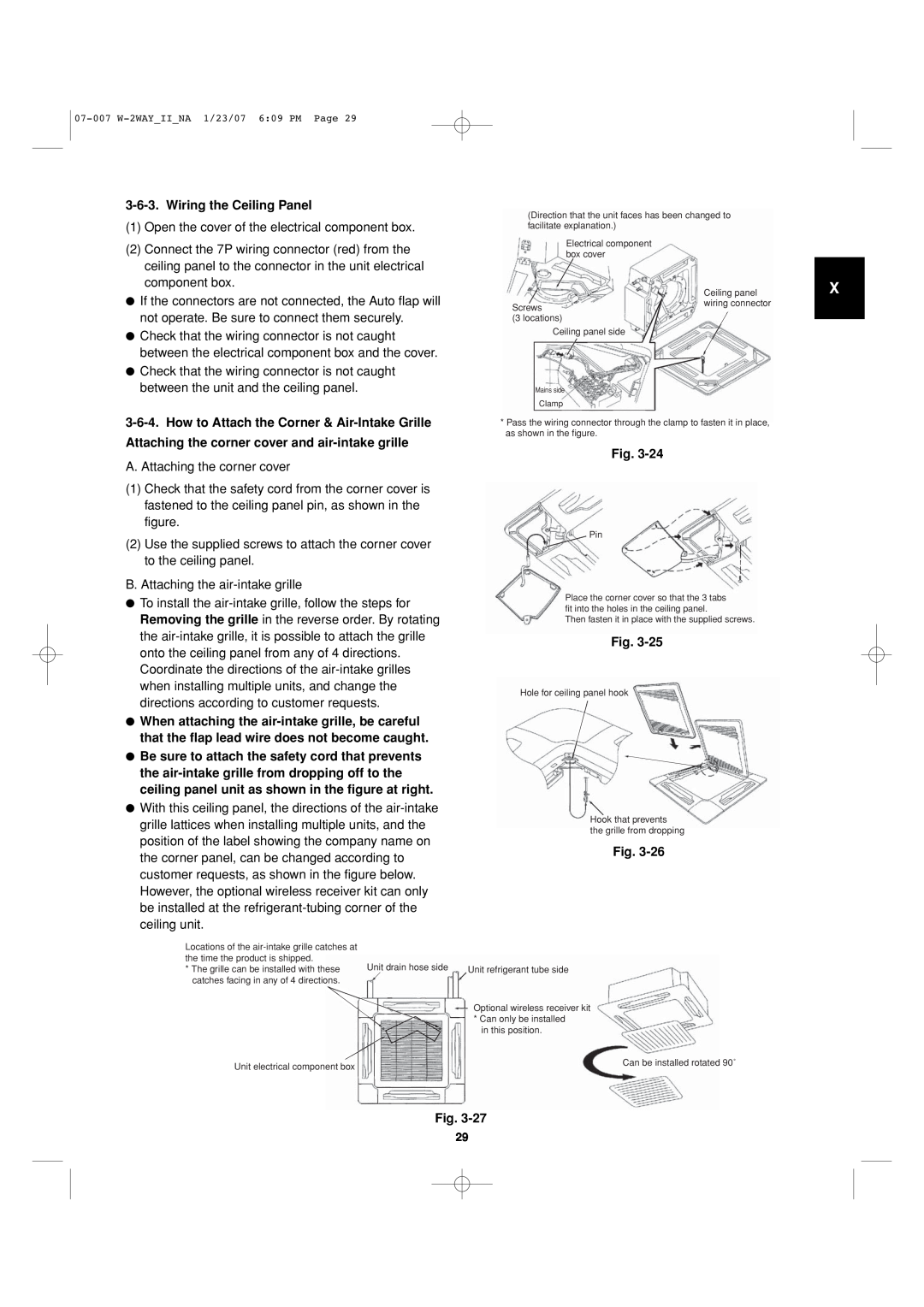 Sanyo 85464359982001 installation instructions Wiring the Ceiling Panel, How to Attach the Corner & Air-IntakeGrille, Fig 