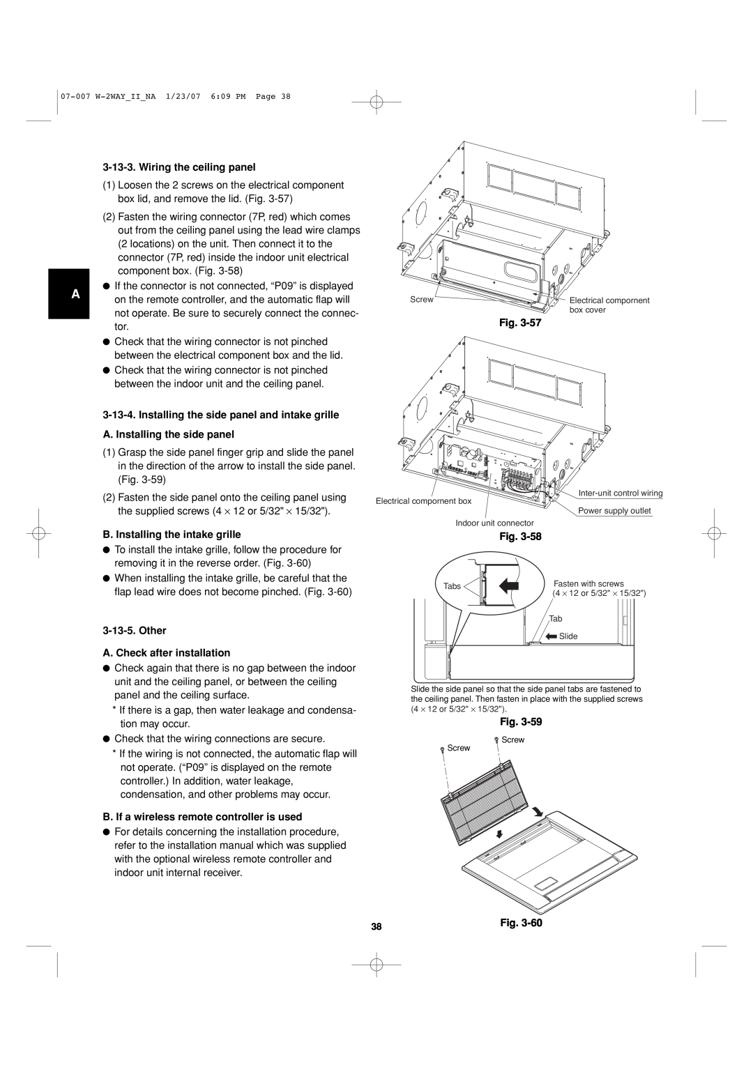 Sanyo 85464359982001 Wiring the ceiling panel, A. Installing the side panel, B. Installing the intake grille, Fig 
