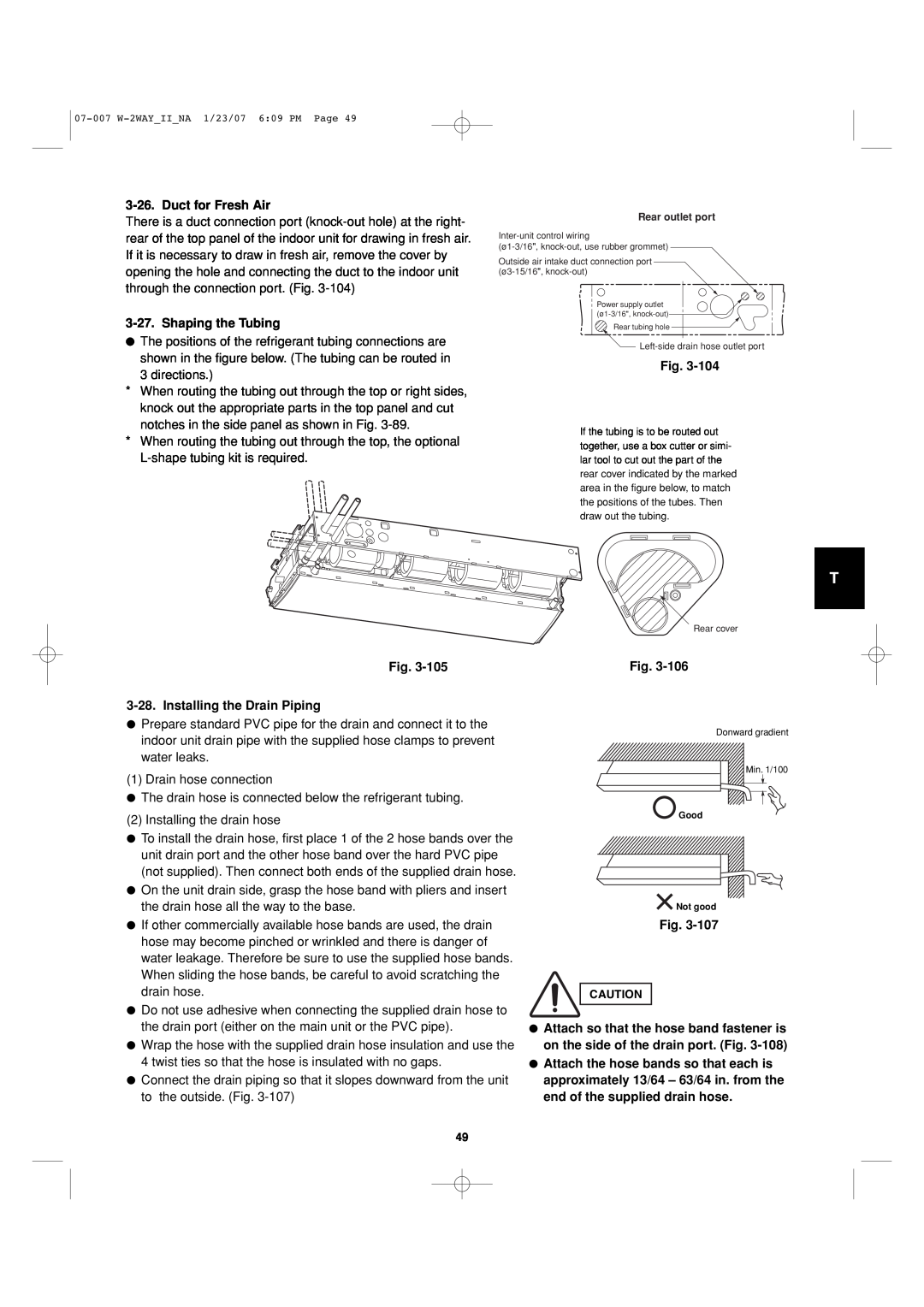 Sanyo 85464359982001 installation instructions Duct for Fresh Air, Shaping the Tubing, 28.Installing the Drain Piping, Fig 