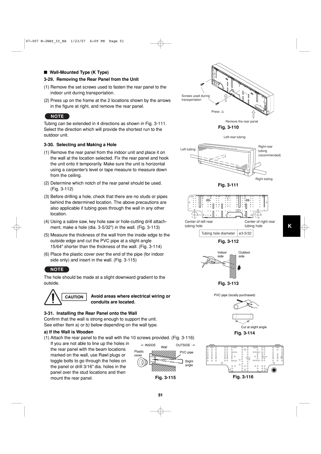 Sanyo 85464359982001 Removing the Rear Panel from the Unit, Selecting and Making a Hole, Wall-MountedType K Type, Fig 