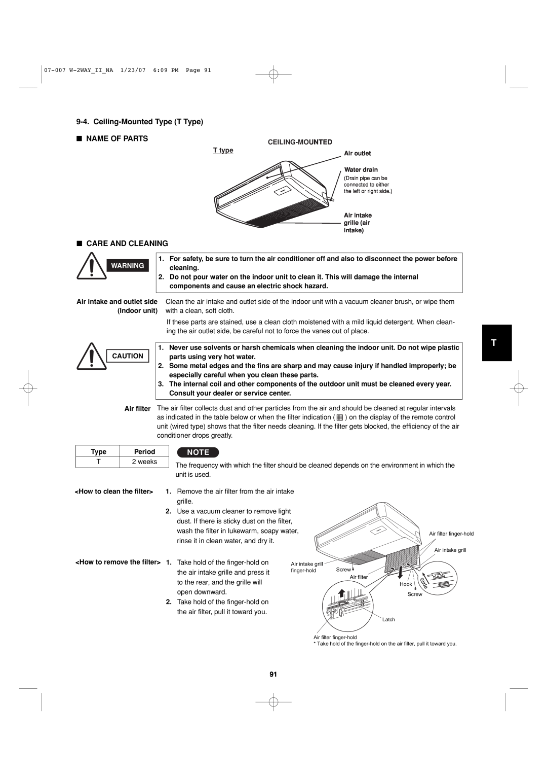 Sanyo 85464359982001 installation instructions Ceiling-MountedType T Type, Name Of Parts, Care And Cleaning 