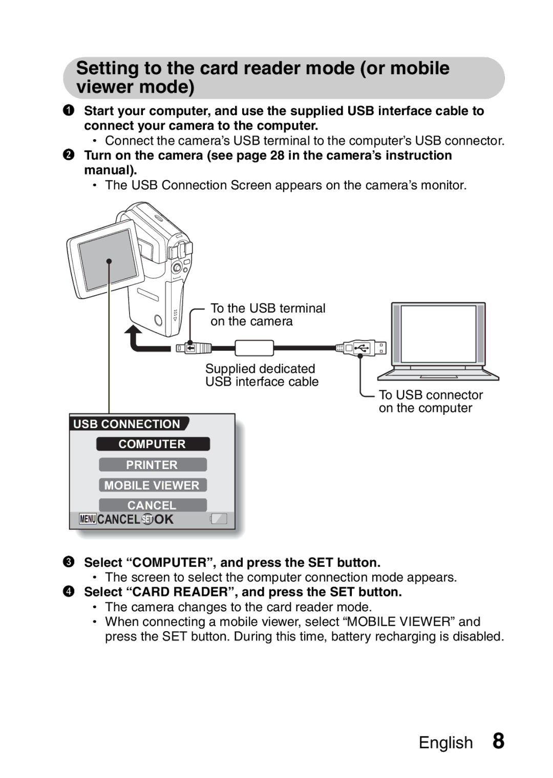 Sanyo 9.1 Setting to the card reader mode or mobile viewer mode, Select COMPUTER, and press the SET button 