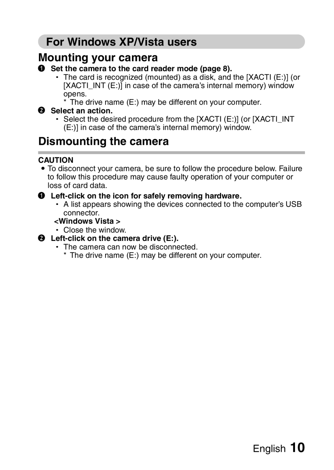 Sanyo 9.1 instruction manual For Windows XP/Vista users Mounting your camera, Dismounting the camera 