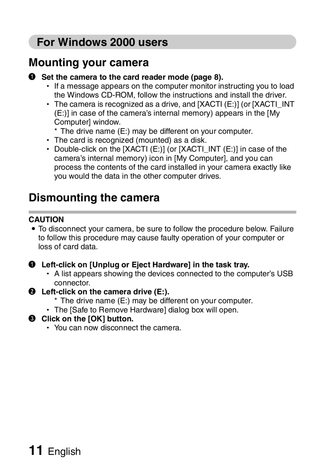 Sanyo 9.1 For Windows 2000 users Mounting your camera, Left-click on Unplug or Eject Hardware in the task tray 