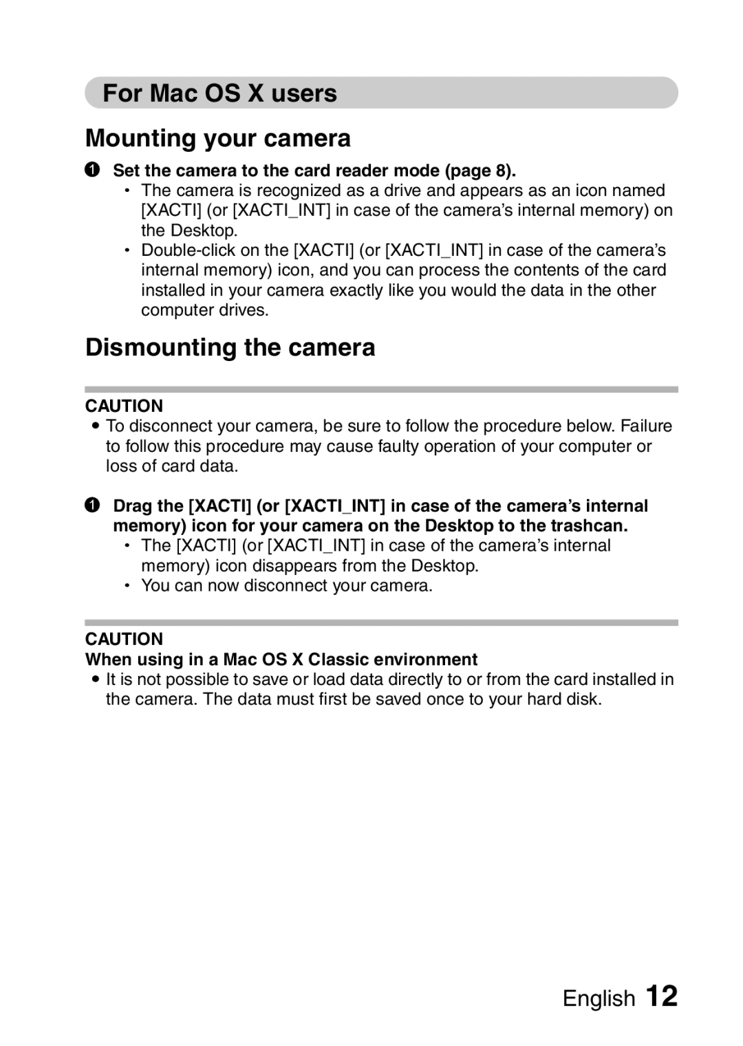 Sanyo 9.1 instruction manual For Mac OS X users Mounting your camera, When using in a Mac OS X Classic environment 