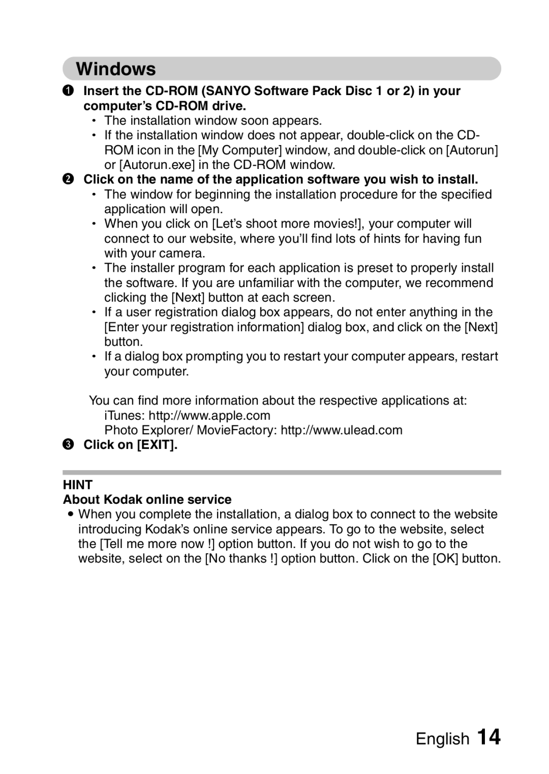 Sanyo 9.1 instruction manual Click on Exit, About Kodak online service 