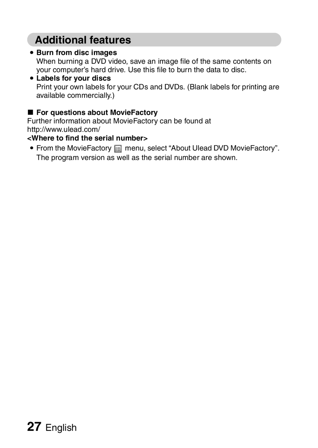 Sanyo 9.1 Additional features, Burn from disc images, Labels for your discs, For questions about MovieFactory 