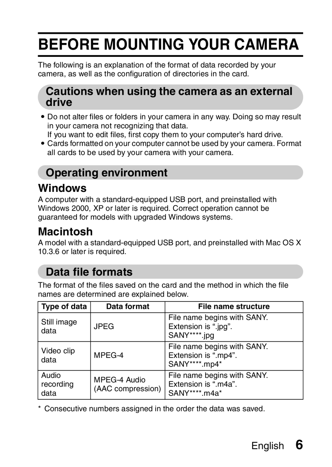 Sanyo 9.1 instruction manual Before Mounting Your Camera, Operating environment Windows, Macintosh, Data file formats 