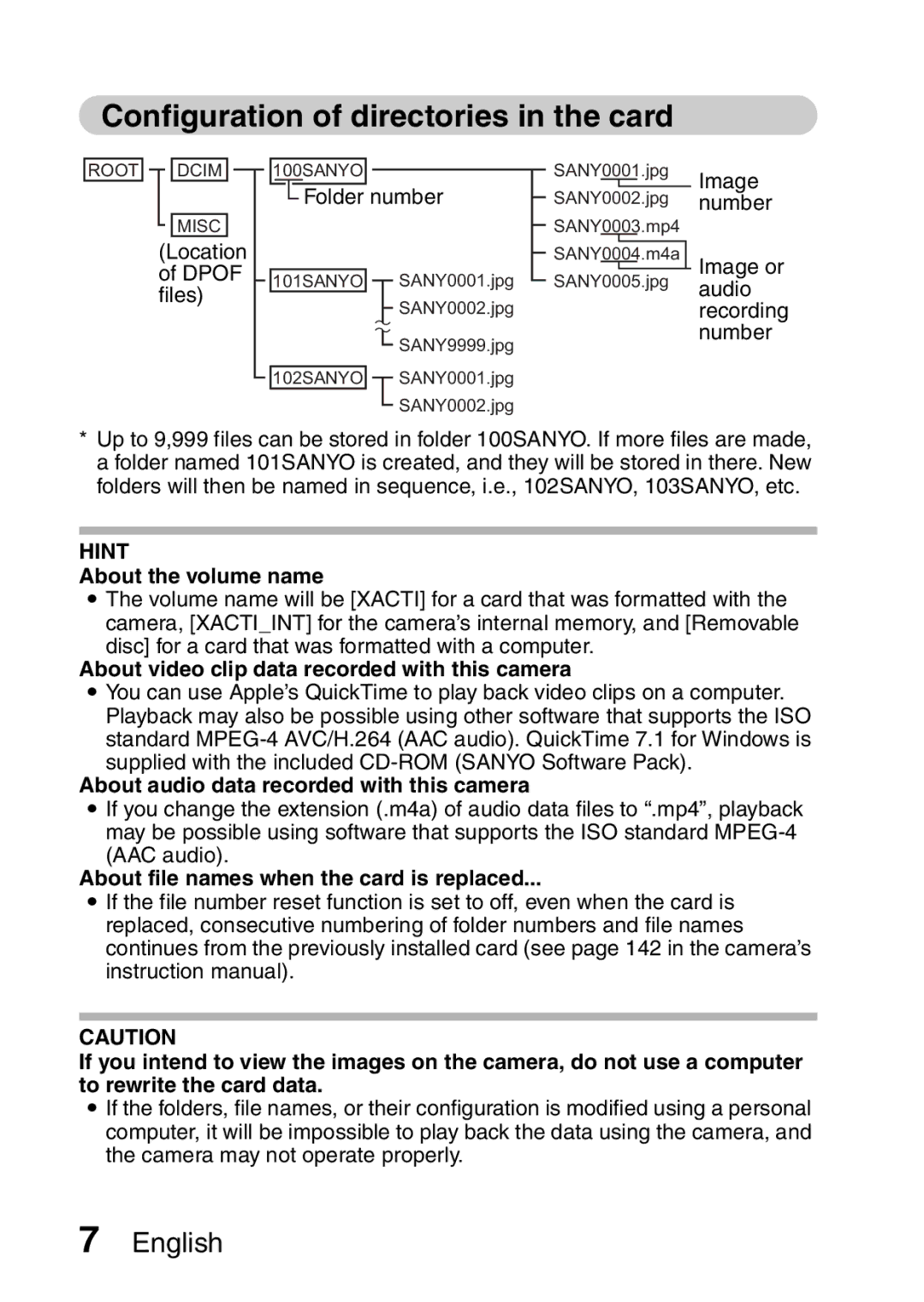 Sanyo 9.1 Configuration of directories in the card, About the volume name, About video clip data recorded with this camera 