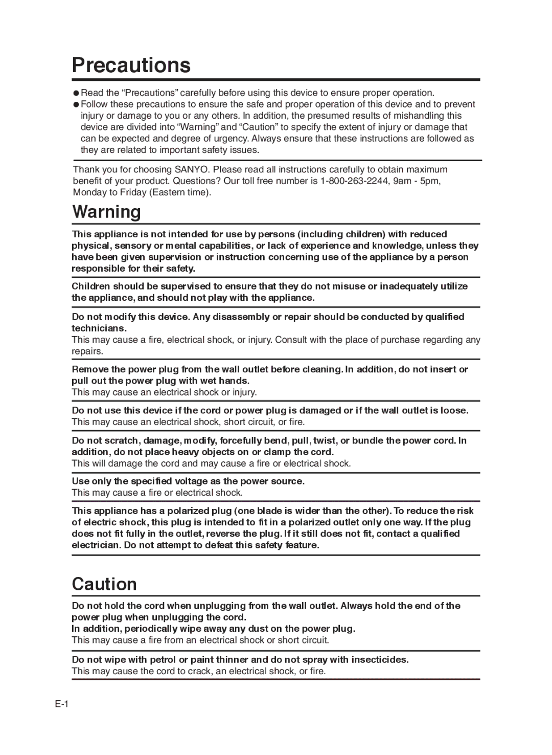 Sanyo ABC-VW24A instruction manual Precautions 