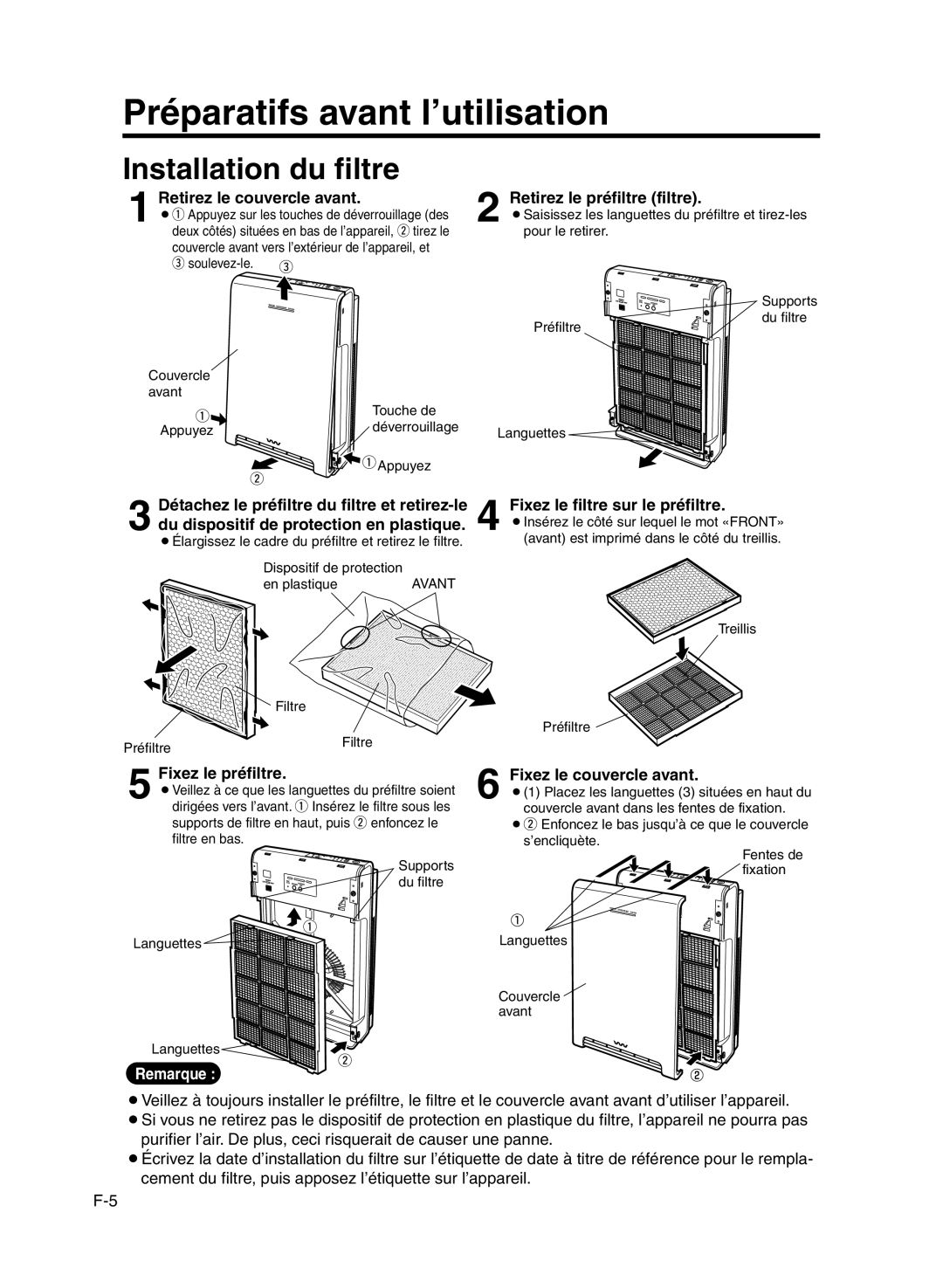 Sanyo ABC-VW24A instruction manual Préparatifs avant l’utilisation, Installation du filtre 