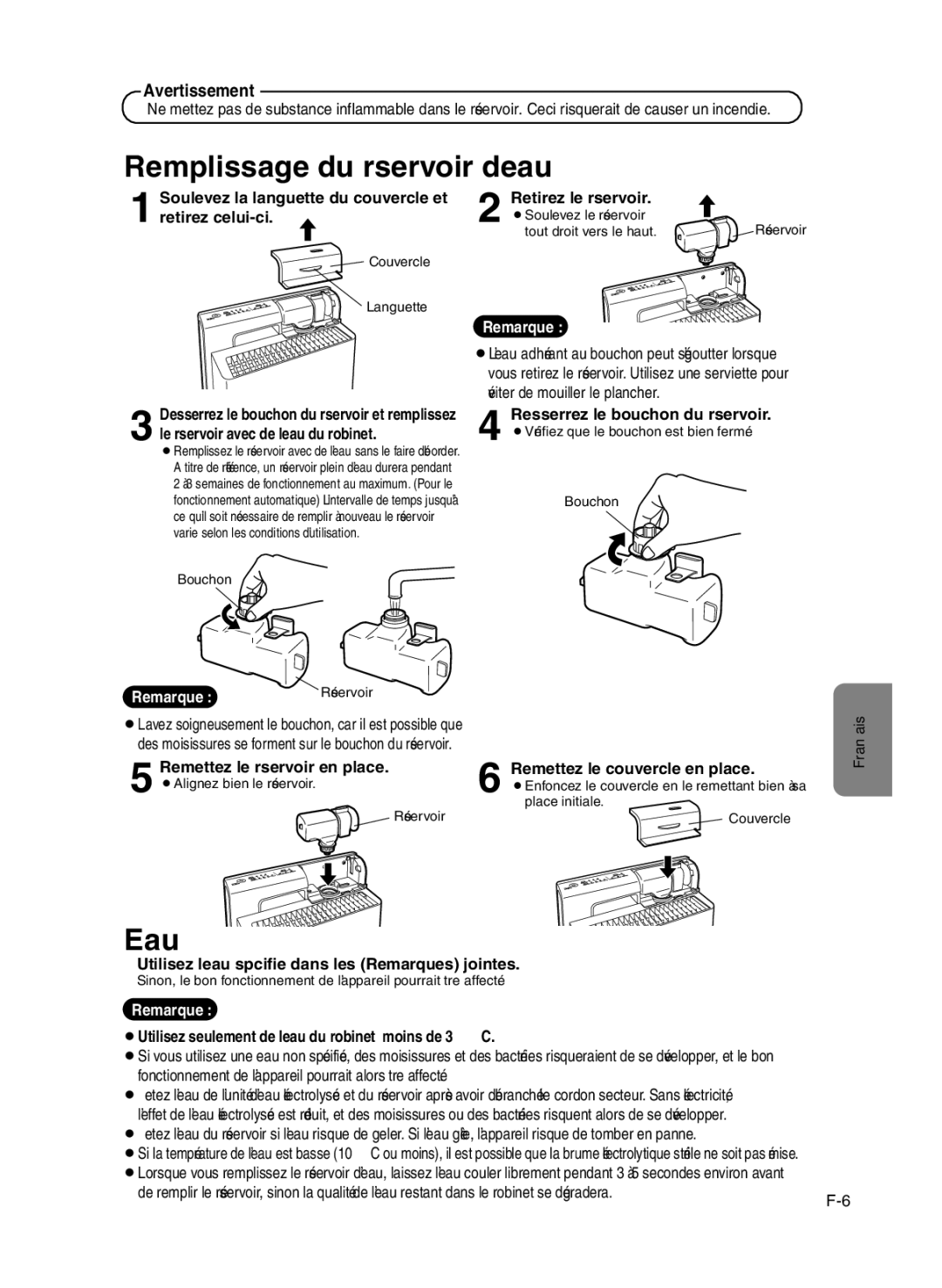 Sanyo ABC-VW24A instruction manual Remplissage du réservoir d’eau, Eau 