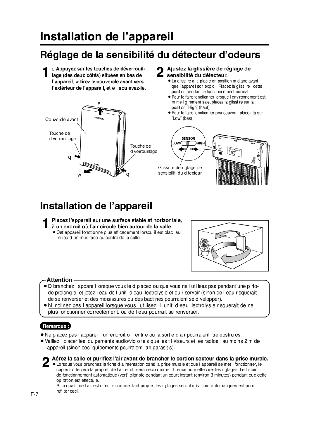 Sanyo ABC-VW24A instruction manual Installation de l’appareil, Réglage de la sensibilité du détecteur d’odeurs 