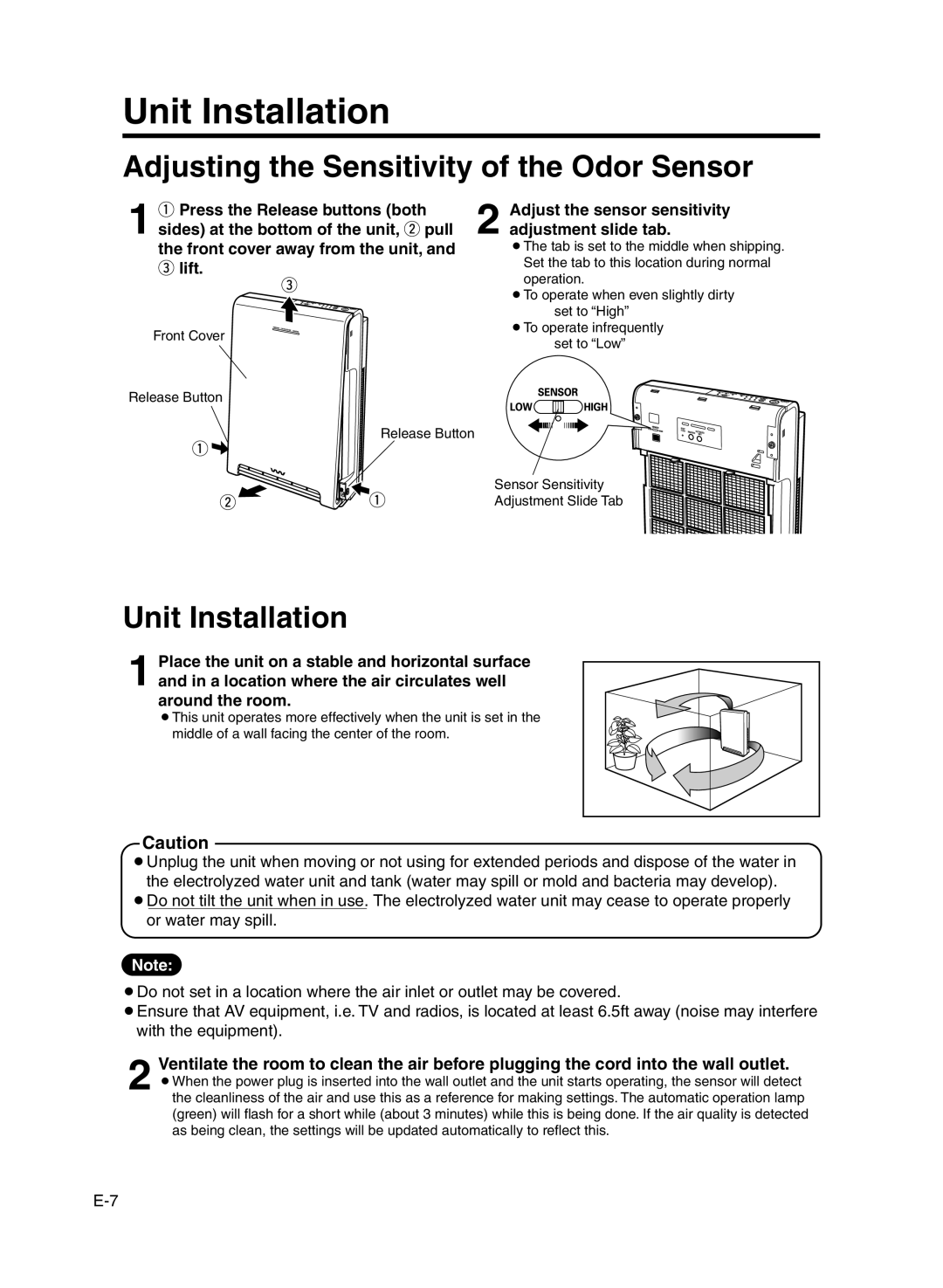 Sanyo ABC-VW24A instruction manual Unit Installation, Adjusting the Sensitivity of the Odor Sensor, elift 