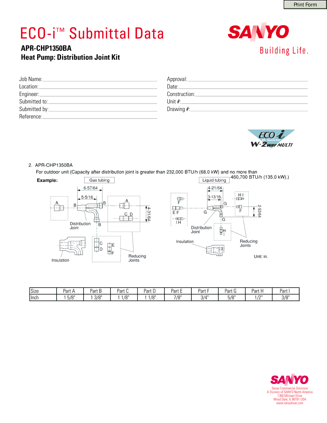 Sanyo APR-CHP1350BA manual ECO-iSubmittal Data, Heat Pump Distribution Joint Kit 