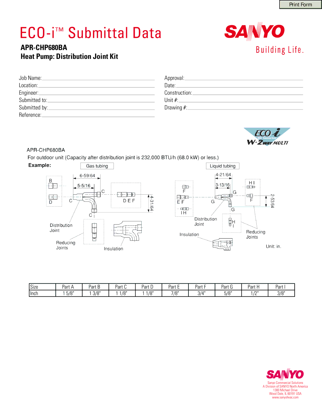 Sanyo APR-CHP680BA manual ECO-iSubmittal Data, Heat Pump Distribution Joint Kit 