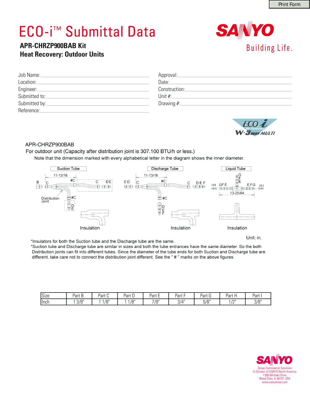Sanyo APR-CHRZP900BAB Kit manual ECO-i Submittal Data, APR-CHRZP900BABKit Heat Recovery Outdoor Units 