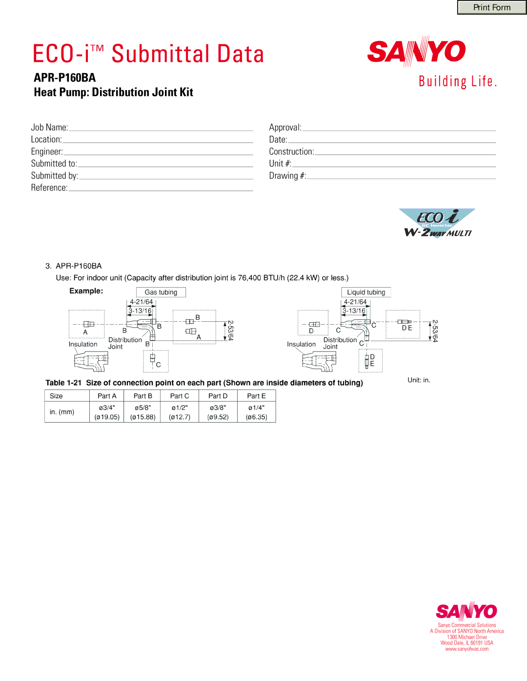 Sanyo APR-P160BA manual ECO-iSubmittal Data, Heat Pump Distribution Joint Kit 