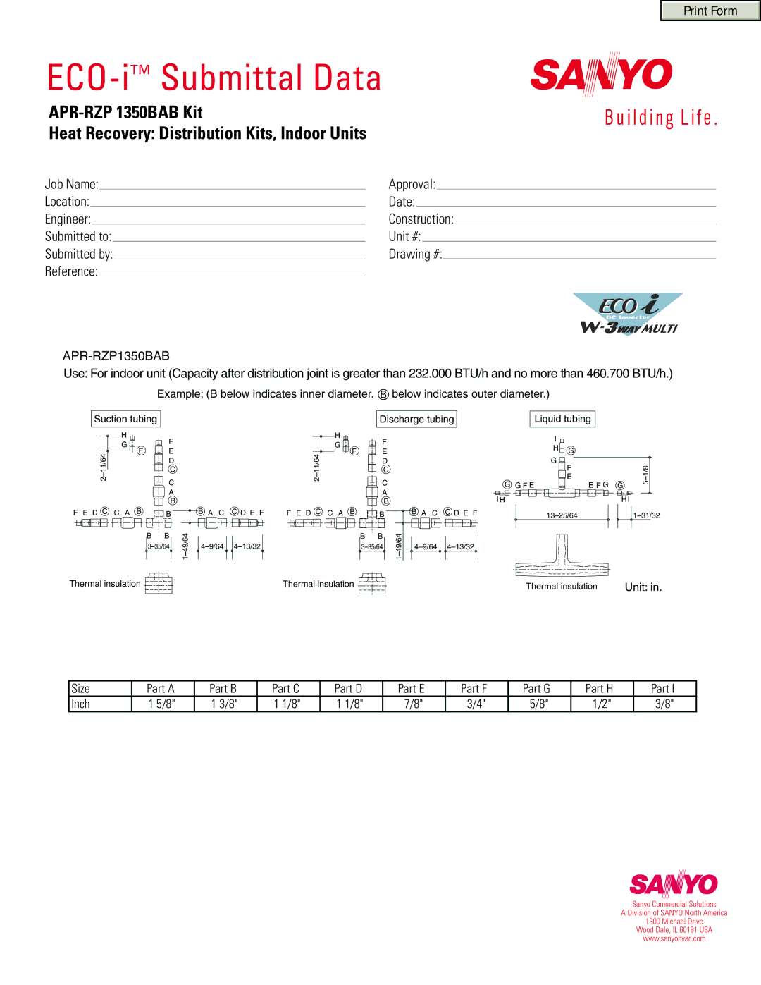 Sanyo APR-RZP 1350BAB Kit manual ECO-iSubmittal Data, Print Form, Size 