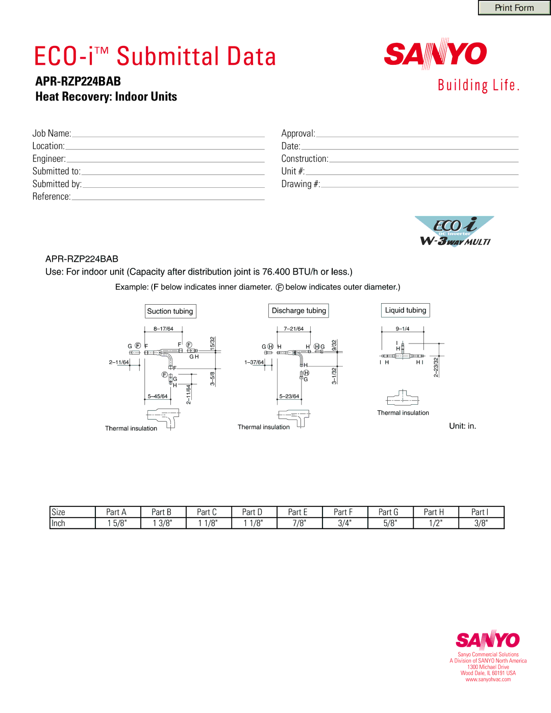 Sanyo APR-RZP224BAB manual ECO-iSubmittal Data, Heat Recovery Indoor Units 