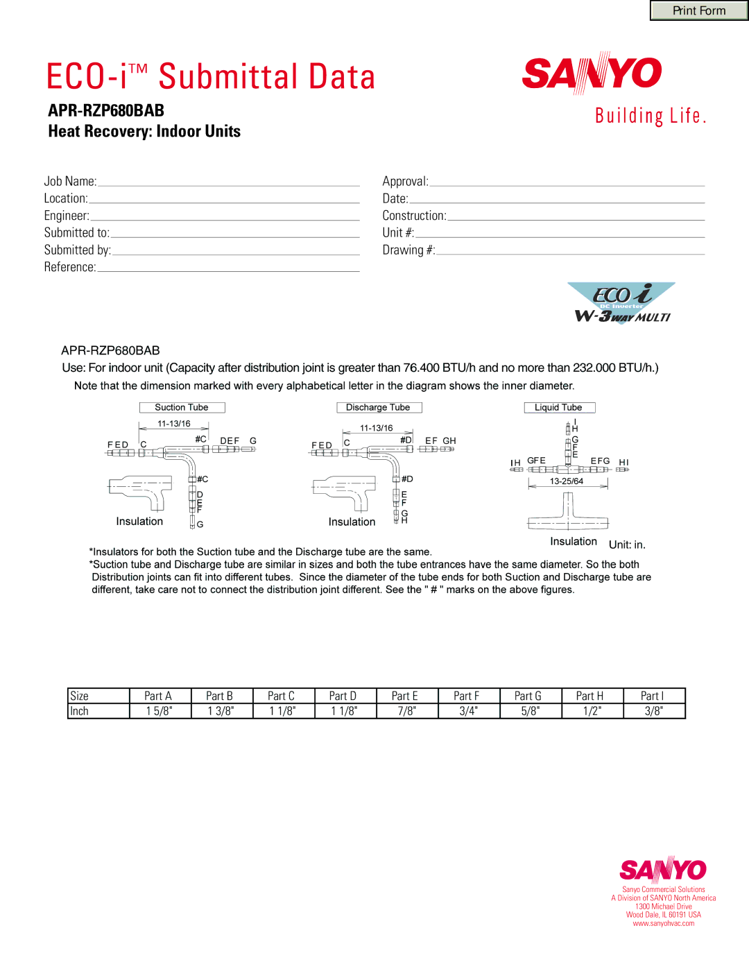 Sanyo APR-RZP680BAB manual ECO-iSubmittal Data, Heat Recovery Indoor Units 