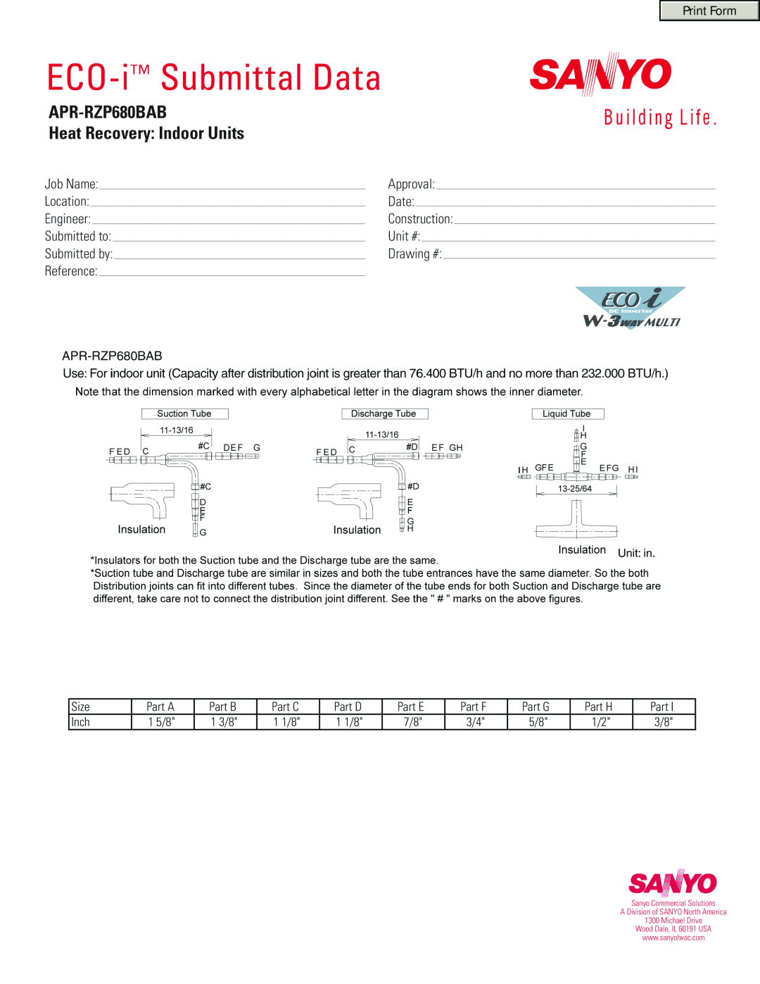 Sanyo manual ECO-i Submittal Data, APR-RZP680BAB Heat Recovery Indoor Units 