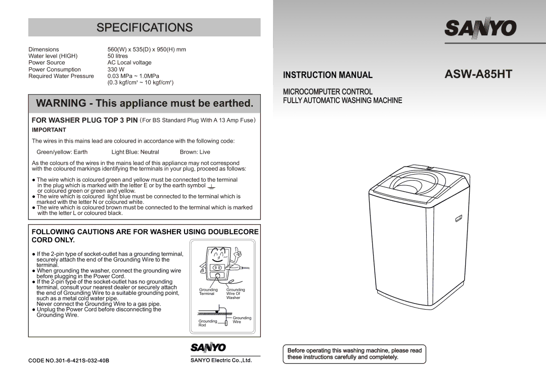 Sanyo Microcomputer Control Fully Automatic Washing Machine instruction manual Specifications, ASW-A85HT 