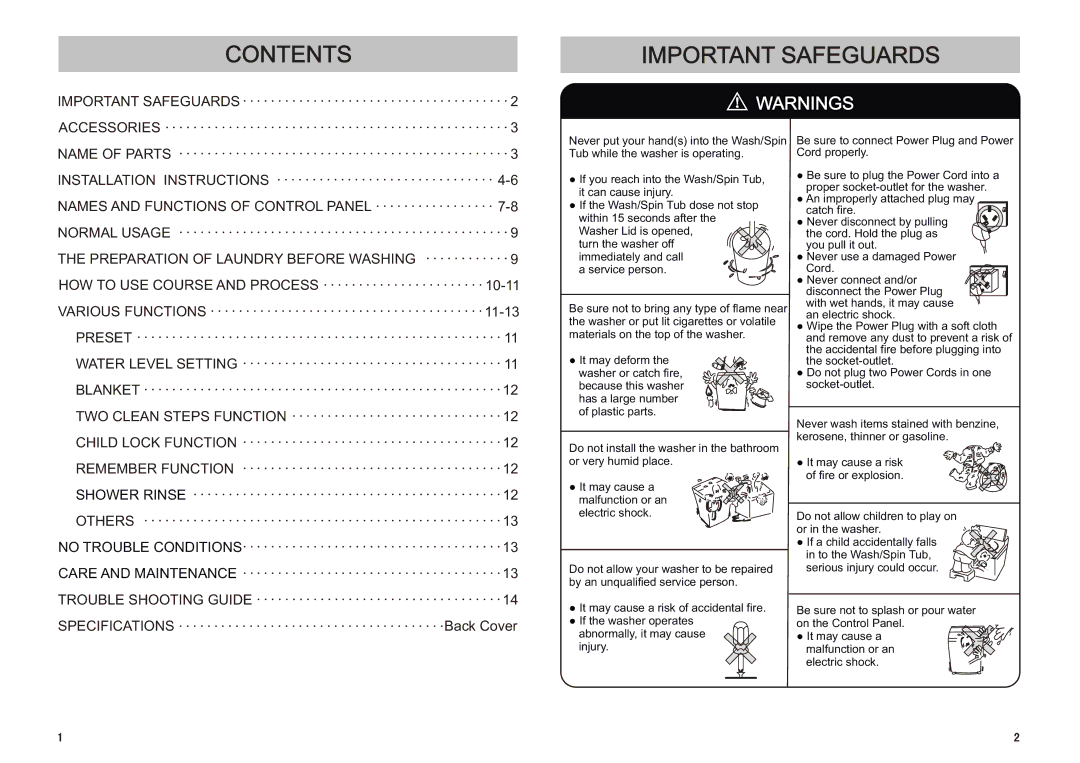 Sanyo ASW-A85HT, Microcomputer Control Fully Automatic Washing Machine instruction manual Contents, Important Safeguards 