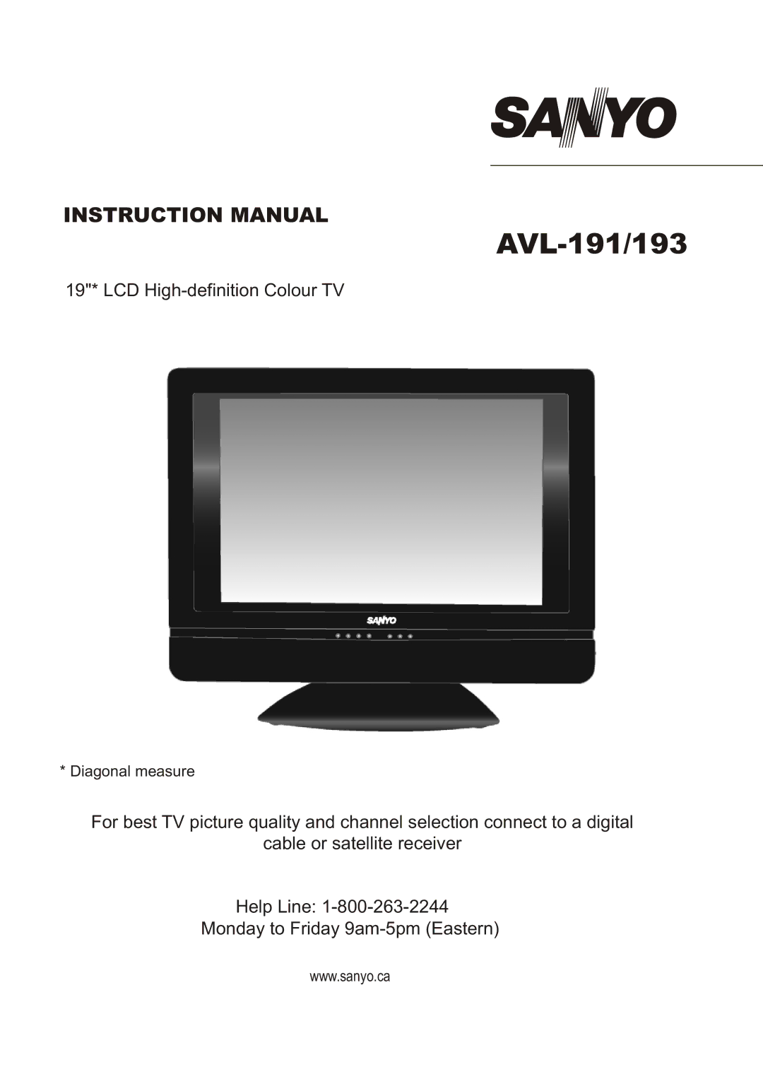 Sanyo AVL-193 instruction manual AVL-191/193, 19* LCD High-definition Colour TV 